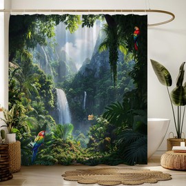 Nature Forest Shower Curtain Waterfall Green Tropical Rainforest Jungle Parrot Mountain Natural Scenery Landscape Bathroom Fabric Curtain with Hooks,70x70 Inches,Green