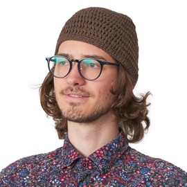 CHARM Cotton Skull Cap for Men - Crochet Kufi Hat Mens Beanie Prayer Hat Knit Soft Sensitive Skin Chemo Brown M