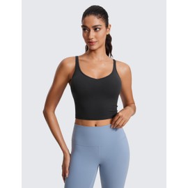 CRZ YOGA Butterluxe-Light Womens V Neck Longline Sports Bra - Spaghetti Straps Workout Crop Top Padded Yoga Cami Black X-Large