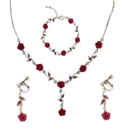 COLORFUL BLING 3Pcs Rose Red Jewelry Red Necklaces for Women Red Rose Flower Dangle Earrings Bracelet Rose Gold Prom Jewelry Sets for Women Bride Wedding- red