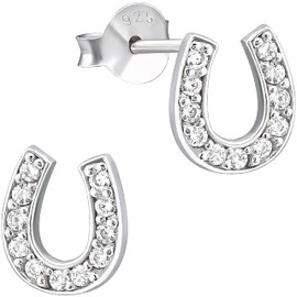 JAYARE Children's Earrings Silver 925 Girls Stud Earrings - Horseshoe Lucky Charm - with 22 Zirconia Crystals - Children's Horse Earrings, Sterling Silver, Cubic Zirconia