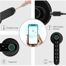 Smart Lock - Fingerprint 4-in-1 Keyless Entry Electronic Door Handle with Bluetooth, Biometric Fingerprint and Touch Digital Keypad for Home/Office/Bedroom/Apartment (Black)