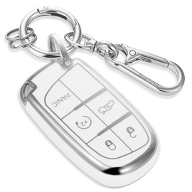 Coverforkey for Jeep Key Fob Cover with Upgraded Anti loss Durable Metal Keychain, Fashionable Soft Case for Grand Cherokee Challenger Chrysler Compass (5 buttons) (Silver, B1)