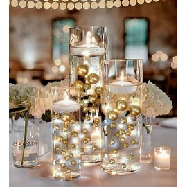 300 Floating Gold Pearls- Fills 4 Gallons of The Floating Transparent Water Gels for Your Vases- with Pre-Measured Prep Bags- 12 White Fully Submersible Fairy Lights