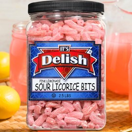 Sweet & Sour Pink Lemonade Licorice Bits by Its Delish, 2.5 LBS (40 Oz) Jumbo Container Jar – Original Style Chewy Lemonade Flavor Candy Twists – Great Gifts Party Sweets – Made in USA, Vegan, Kosher