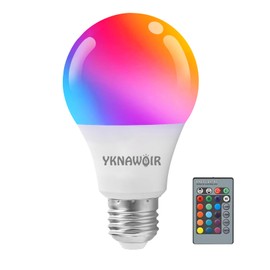 YKNAWOIR RGB Color Changing Light Bulb with Remote Control, 15W LED Light Bulb E27/E26 6500K White A21 600LM 16 Color Choices Multicolor Dimmable Flood Light Bulb for Party Bedroom Home