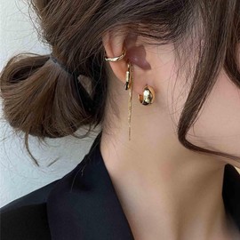 Aneneiceera Vintage Chunky Gold Hoops Earrings Gold Tassel Chain Dangle Earrings Wide Hoop Ear Cuff Earrings Set Punk Personlized Thick Earrings Jewellery for Women and Girls (Gold), Zinc