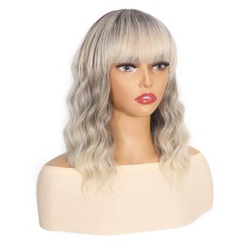Apoze Short Wig With Bangs For Women,Synthetic Cosplay Bob Wigs,Curly Hair Wigs For Daily Party Use,Natural Looking Heat Resistant Shoulder Length(Balayage Platinum Blonde)