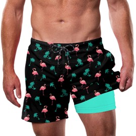 Cozople Men Swim Shorts Pink Flamingo Print Swim Trunks Cool Elastic Waistband Board Shorts with Compression Liner for Party