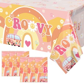 6 Pcs Two Groovy Party Plastic Tablecloths Groovy Retro Hippie Boho Party Decorations Rainbow Daisy Flower Rectangle Disposable Table Cover for Girls Star Groovy Daisy Birthday Party Supplies (6)