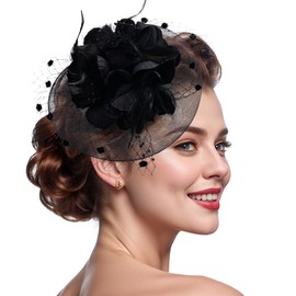 Haakong 20s 50s Fascinators Hat for Women Tea Party Flower Headpiece Mesh Feathers Hair Clip for Bridal Wedding (Black)