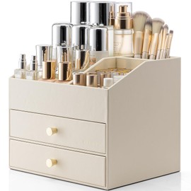 Vlando Makeup Organizer for Vanity,Large Capacity Countertop Organizer with Drawers, PU Leather Cosmetic Display Case for Lipstick,Brushes,Skincare,Bathroom and Bedroom Storage (White)