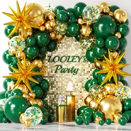 LOOLEY 137Pcs Green and Gold Balloons Garland Arch Kit with Stars - 5 10 12 18 inch Dark Green Gold Confetti Latex Balloons for Birthday Baby Shower Emerald Green Jungle Party Decorations