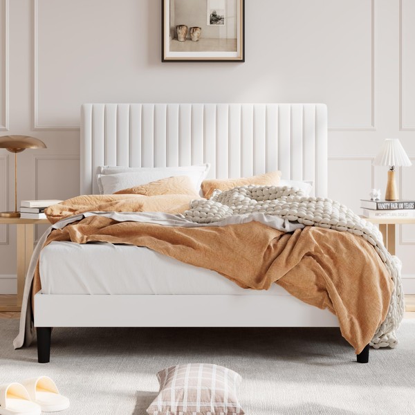 SHA CERLIN Full Upholstered Platform Bed Frame with Vertical Channel