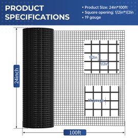 Potnet Black PVC Vinyl Coated Wire Mesh Hardware Cloth 1/2 inch 24 x 100 ft 19 Gauge, Double-Layer Rust-Proof Design, Easy to Bend and Durable, Chicken Wire Mesh, Tree Guard, Rodent Wire