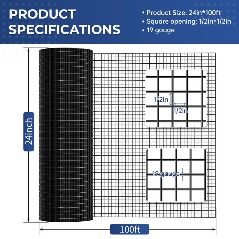 Potnet Black PVC Vinyl Coated Wire Mesh Hardware Cloth 1/2