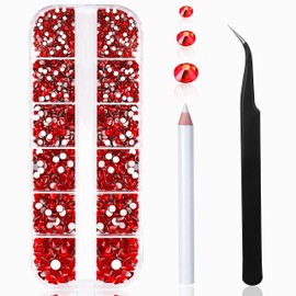 2400 Pcs Nail Art Rhinestones Red Flat Back Rhinestones Gems Round Crystal Siam 6 Sizes (1.9-4.5 mm) Wax Pencil Tweezers for Nail Art Makeup Clothes Shoes Bags Crafts DIY(Red) HUETFAT
