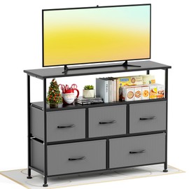 Simple Deluxe TV Stand Dresser for Bedroom Entertainment Center with 5 Fabric Drawers, Storage Organizers Units for Living Room, Media Console Table with Open Shelf up for 45" TV, Gray, Wood top
