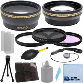 Pro Series 52mm 0.43x Wide Angle Lens + 2.2x Telephoto Lens with an eCostConnection Deluxe Lens Accessories Kit for Nikon D3000 D3100 D3200 D3300 D5000 D5100 D5200 D5500 D7000 D7100 D7200 D600 D610 D700 D750 D800 D90 DSLR