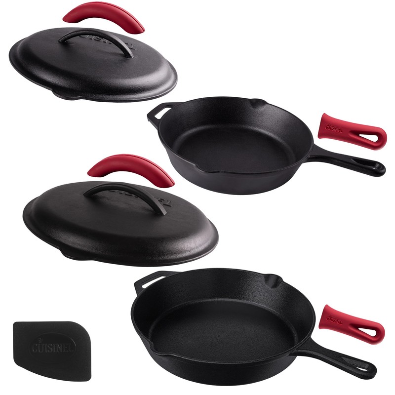 Cast Iron Skillet Set with Lids - 10"+12"-inch Pre-Seasoned Covered