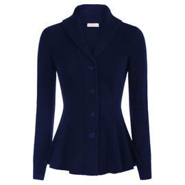 Women's Peplum Hem Sweater Elegant Cardigan Sweater Button Up Vintage Cable Knitted Sweater (Blue, L)