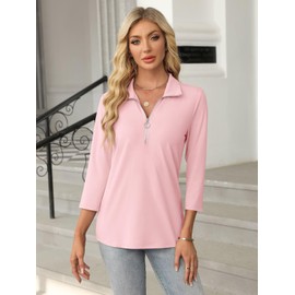 TICTICMISS Women's 3/4 Length Sleeve Tops Collared V Neck T Shirts Polo Zipper Summer Shirts