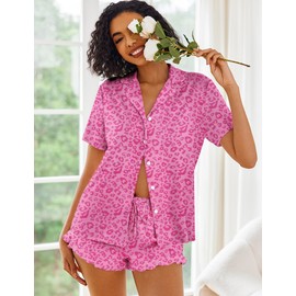Ekouaer Pajamas Set for Women Short Sleeve Sleepwear Button Down Pjs Lounge Sets Soft Nightwear Hot Pink Leopard Medium