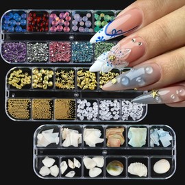 ROFIBUT 3 Boxes Summer Beach Sea Series Nail Art Rhinestones Ocean Theme Shell Starfish Nail Studs Colorful Bubble Beads Mermaid Nail Art Charms Supplies for Women DIY Manicure Decoration