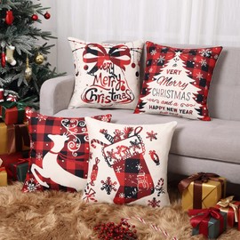 CAROMIO 4 Pack Christmas Cushion Covers Throw Pillow Cover for Sofa Xmas Room Decorations 18 x 18 Cotton Linen Red Decorative Christmas Square Pillowcase Christmas Socks Deer and Tree Red