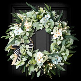 WREATHOME Lambs Ear Wreaths for Front Door Year Round, 20 Inch Green Artificial Wreath for Spring Summer Farmhouse Porch Indoor Outdoor Decor