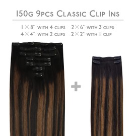 WENNALIFE Clip in Hair Extensions, 150g 18 Inch 9pcs Balayage Natural Black to Chestnut Brown Human Hair Extensions Thicker Clip in Hair Extensions Real Human Hair Clip Set Double Weft
