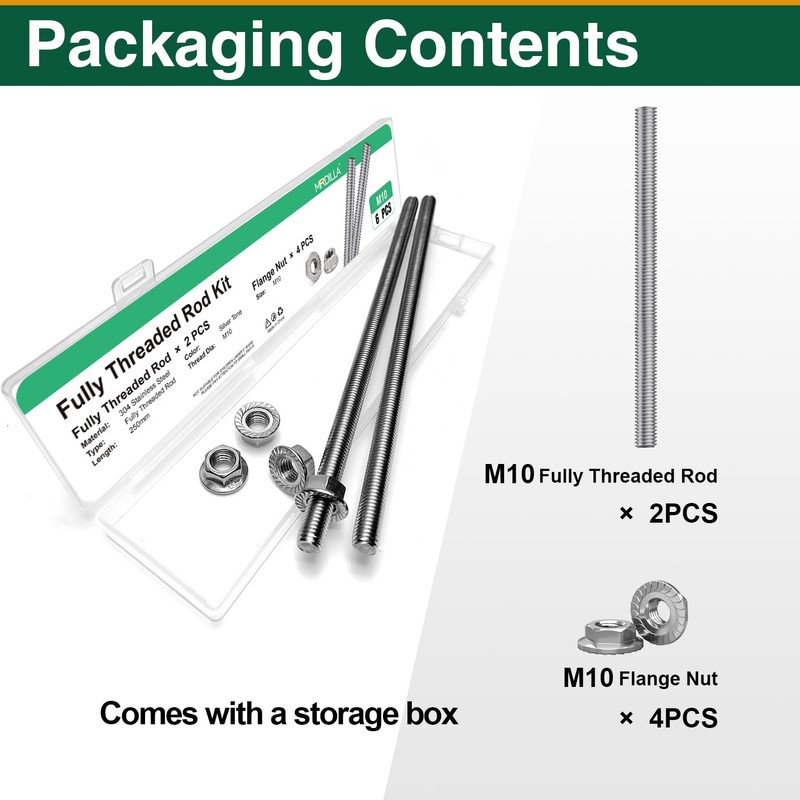 M10-1.5x250mm Fully Threaded Rod Studs, 304 Stainless Steel Long Threaded