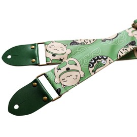 MUSIC FIRST Original Design, 2 inch width (5cm), Green Fortune Cat Electric Guitar Strap Bass Strap With Genuine Leather Strap End (Leather Made In Italy) (Green Fortune Cat)