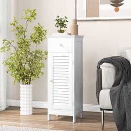 COSTWAY Bathroom Storage Cabinet, Single Door Storage Organizer w/ 1 Drawer & Adjustable Shelf, Freestanding Narrow Slim Floor Cabinet for Living Room Bedroom Hallway (White)