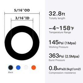 Quickun Pneumatic Tubing 5/16" Tube OD PU Polyurethane Tube Air Hose Line for Air Compressor Fitting or Fluid Transfer (Black 32.8ft)