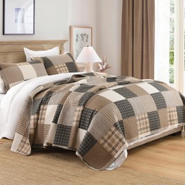 Quilta Patchwork 100% Cotton King Brown Quilt Set - Farmhouse Plaid Patchwork Bedspread King Size, Soft and Lightweight Bedding Set,Comforter for All Seasons, Rustic Country Quilts 3pcs, Brown/Black