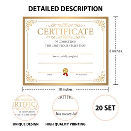 Gold Certificate of Completion, Student Certificates of Achievement for Kids, 8x10 Inches Award Certificates Birthday Graduation Party Favor -006