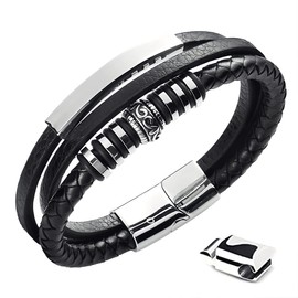 Touyony Leather Bracelet for Men Premium Leather Stainless Steel Triple Row Black Leather bangle Braided Bracelet Mens Bracelet gifts Wrist Accessories