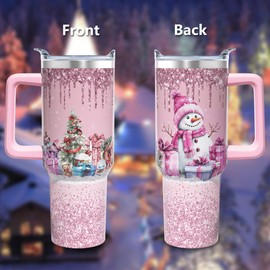 ZNYYZYBA 40 oz Christmas Tumbler with Handle and Straw, Stainless Steel Insulated Snowman Tumbler 40 oz, Reusable Pink Snowman Cup with Leak Proof Lid, Christmas Gifts for Women