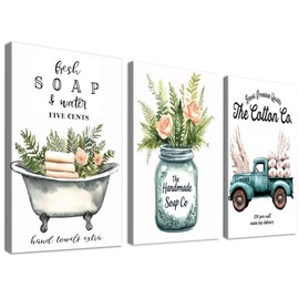 3 Pcs - Farmhouse Bathroom Wall Art Decor - Still Life Flower Canvas Wall Art, Rustic Floral Pictures for Country Bathroom Decor, Funny Flower Jars Painting Framed Artwork for Bathroom 12"x18"x3Pcs