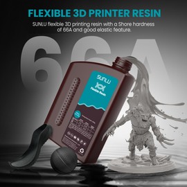 SUNLU Flexible 3D Printer Resin 2KG, 66A 3D Printing Resin for Printing Soft and Flexible Items, Bendable and Not Brittle, Fast Curing 405nm UV Photopolymer Resin. (2000G Gray)