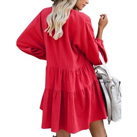 FANCYINN Cute Shift Tunic Dress for Women Long Sleeve Babydoll Split Neckline Juniors Christmas Red Tiered Swing Dresses M
