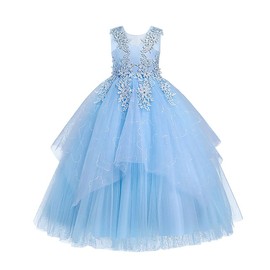 Little Big Girl Vintage Embroidery Beads Dress Flower Girls Rhinestone Tulle Maxi Gown Birthday Communion Long Dresses Pageant Formal Wedding Party Floor Length Evening Gown Light Blue 13-14 Years