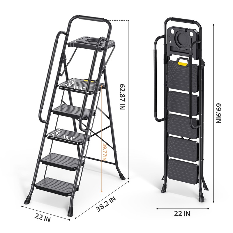 TOOLF Step Ladder, Sturdy Steel Step Stool with Anti-Slip Wide
