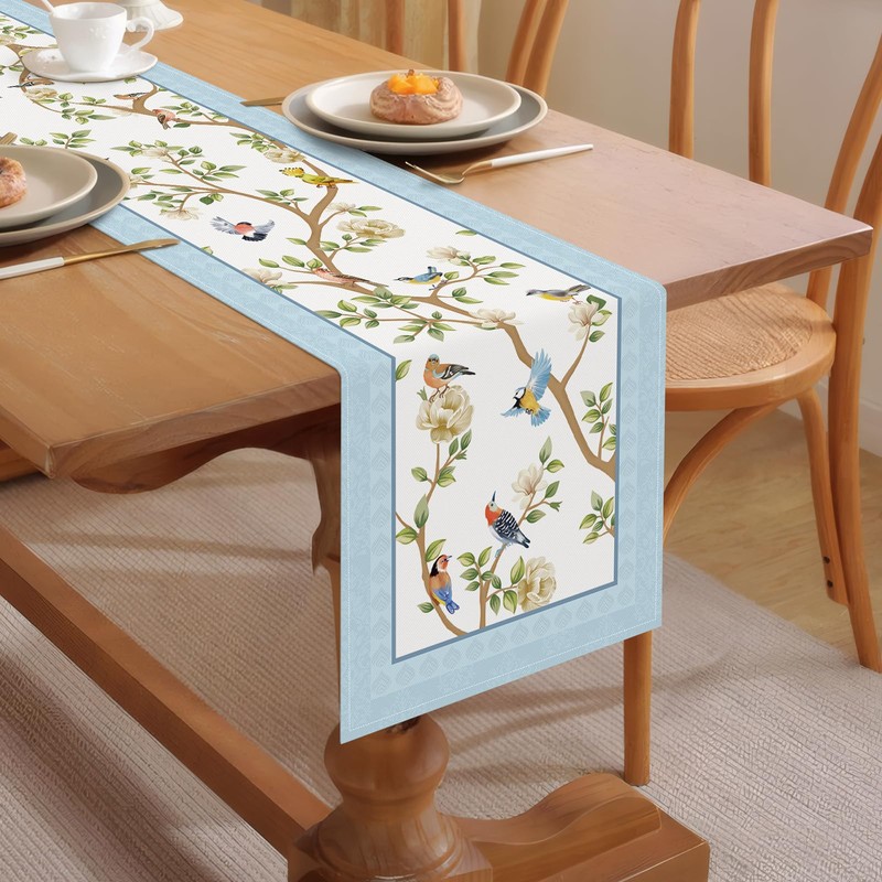 Bonhause Spring Summer Blue Birds Floral Table Runner 13x72 Inch