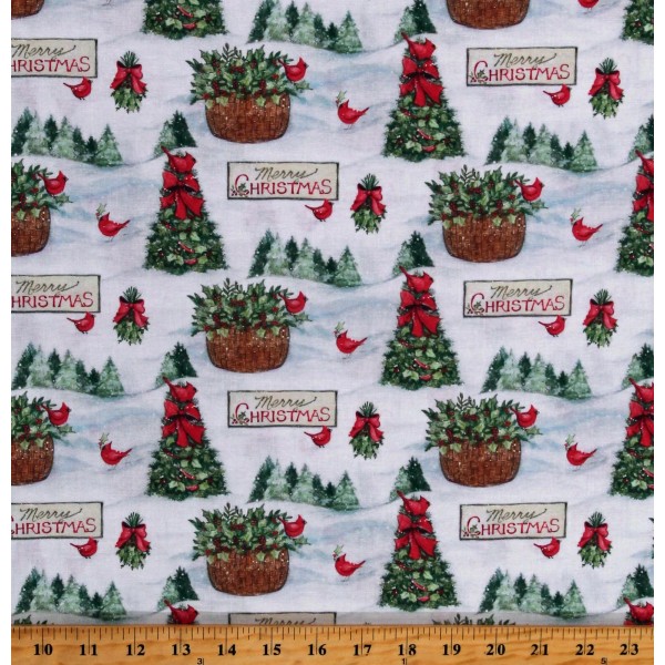 Springs Creative Cotton Christmas Trees Cardinals Birds Merry Christmas Fabric