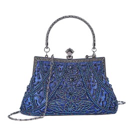 LIFEWISH Womens Faux Pearl Cascading Bead Rhinestone Evening Clutch Fashion Purse (Blue)