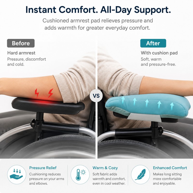 Padded Wheelchair Armrest Covers for Comfort – Breathable Adjustable Cushions