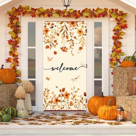 Wollmix Fall Welcome Sign Front Door Cover Decorations Banner with Maple Leaves - Autumn Harvest Festival Porch Decor for Outside, Welcome Home, Easy Hanging 72.8 x 35.4 Inches