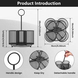 360° Rotating Utensil Caddy 4 Compartment Metal Mesh Utensil Organizer with Handle, Multifunctional Cutlery Storage Holder Portable Flatware Organizer for Kitchen Picnic Office (with handle)